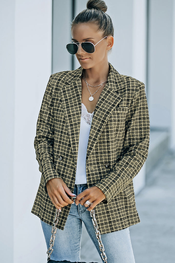 Plaid Double-Breasted Long Sleeve Blazer Trendsi
