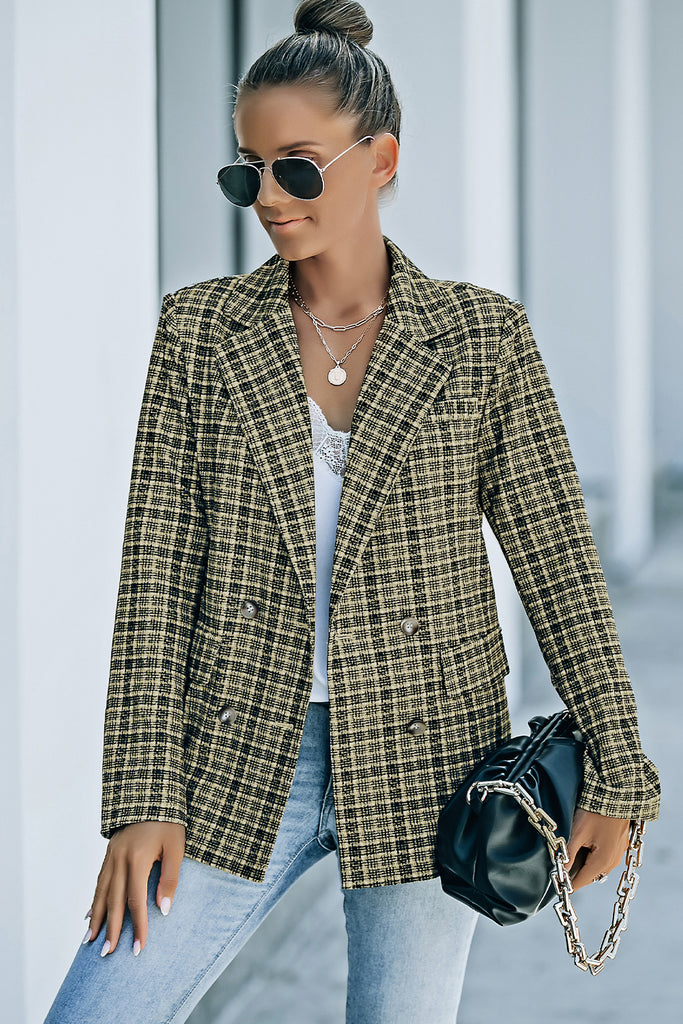 Plaid Double-Breasted Long Sleeve Blazer Trendsi