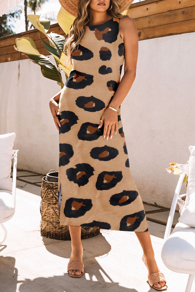 Leopard Round Neck Sleeveless Midi Dress Trendsi