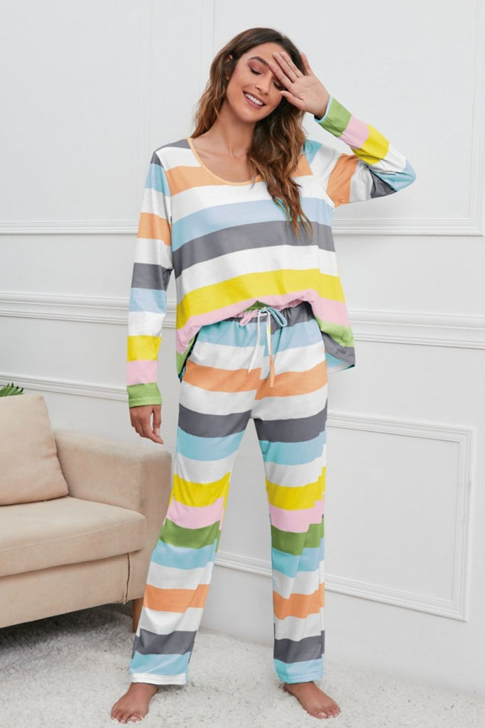 Striped Round Neck Long Sleeve Top and Drawstring Pants Lounge Set Trendsi