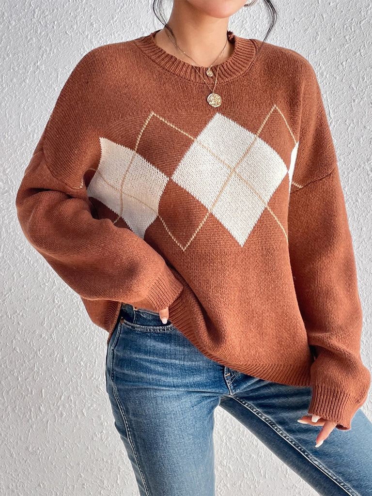 Geometric Dropped Shoulder Sweater Trendsi