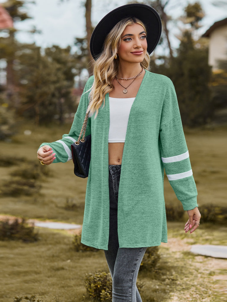 Striped Open Front Dropped Shoulder Cardigan Trendsi