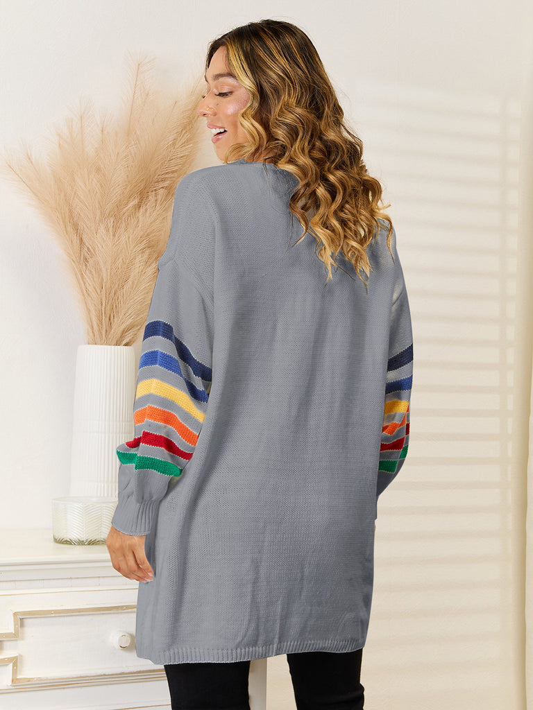 Striped Open Front Dropped Shoulder Cardigan Trendsi