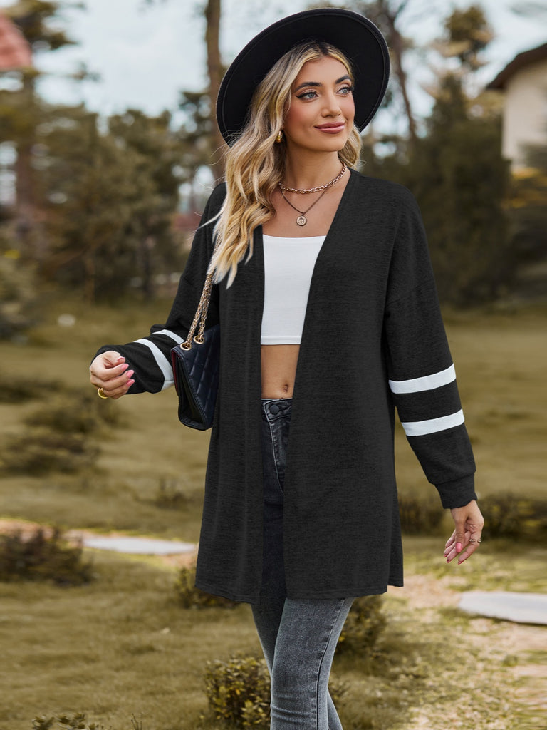 Striped Open Front Dropped Shoulder Cardigan Trendsi