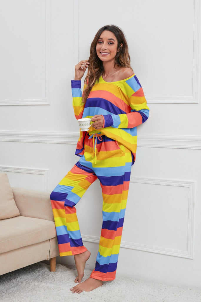 Striped Round Neck Long Sleeve Top and Drawstring Pants Lounge Set Trendsi