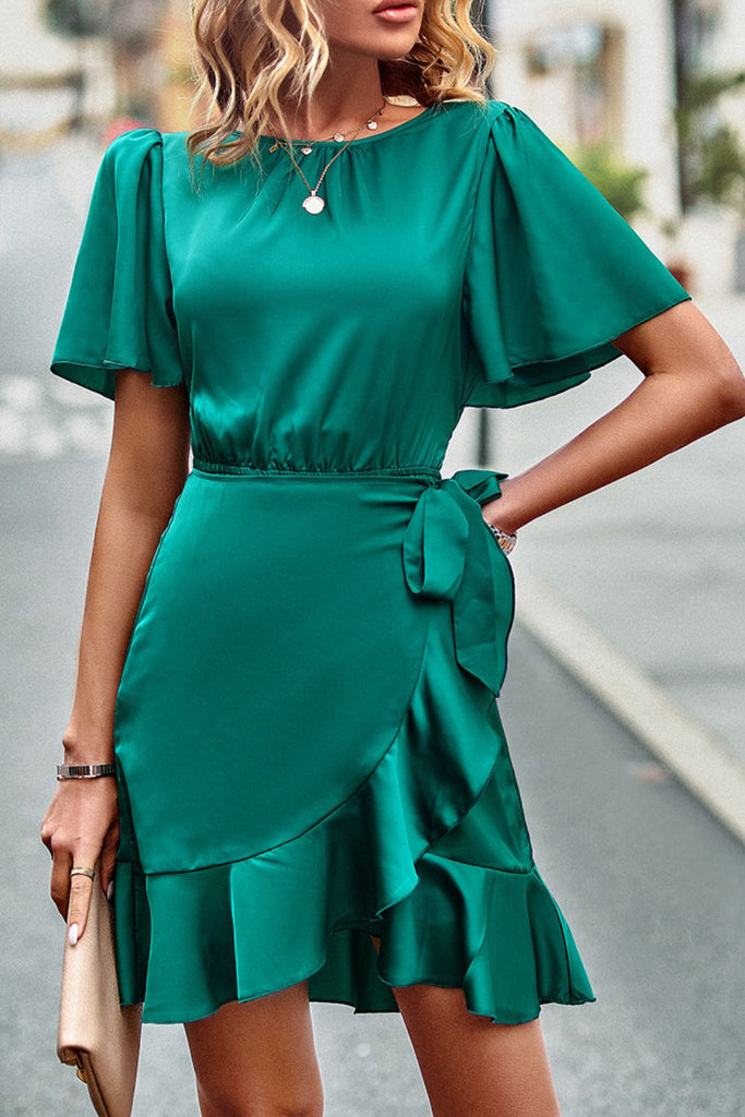 Round Neck Flutter Sleeve Ruffled Dress Trendsi