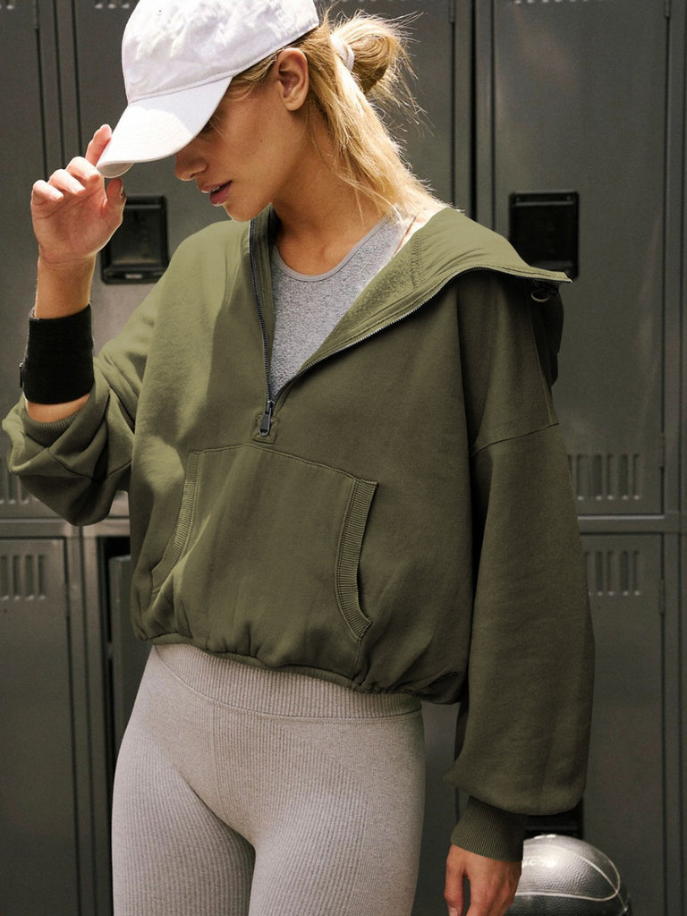 Half Zip Pocketed Dropped Shoulder Hoodie Trendsi