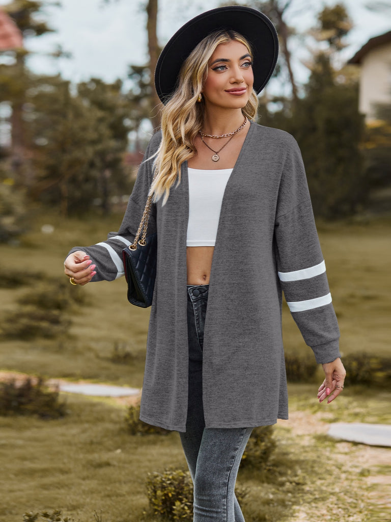 Striped Open Front Dropped Shoulder Cardigan Trendsi