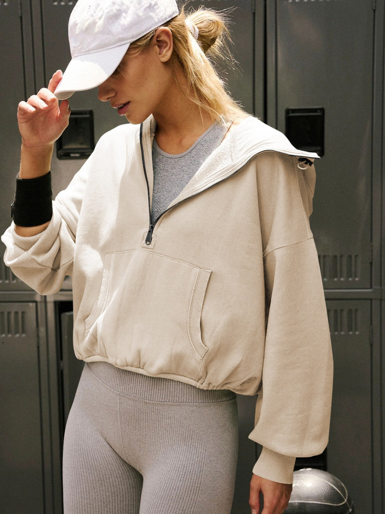 Half Zip Pocketed Dropped Shoulder Hoodie Trendsi