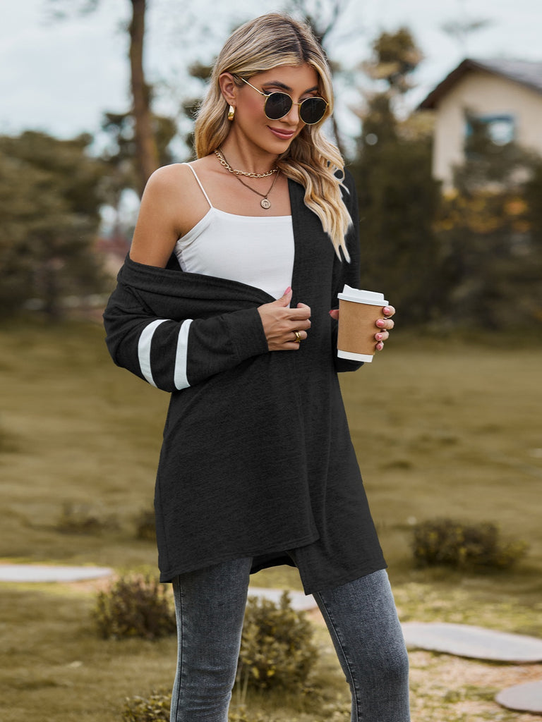 Striped Open Front Dropped Shoulder Cardigan Trendsi