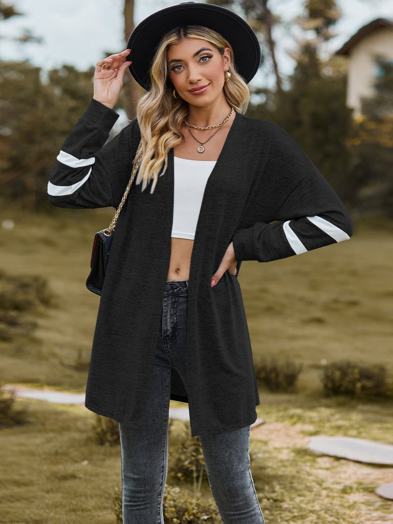 Striped Open Front Dropped Shoulder Cardigan Trendsi