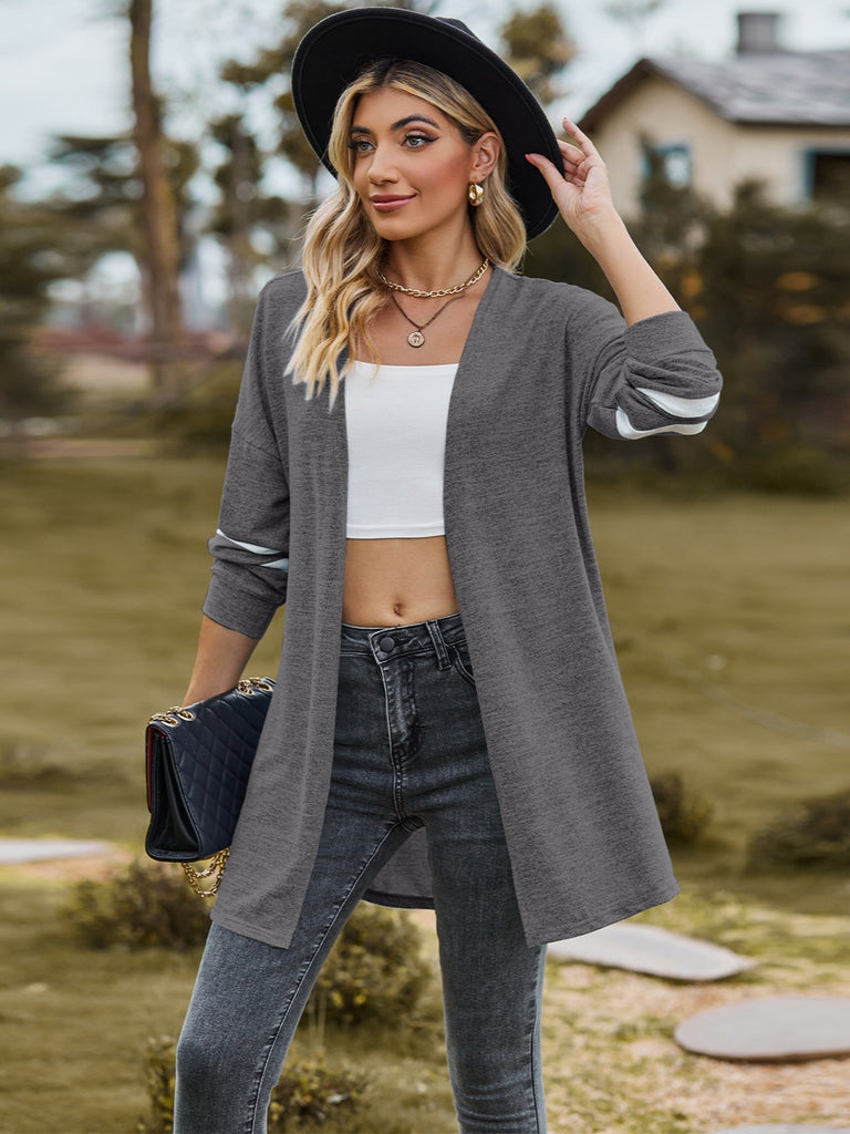 Striped Open Front Dropped Shoulder Cardigan Trendsi