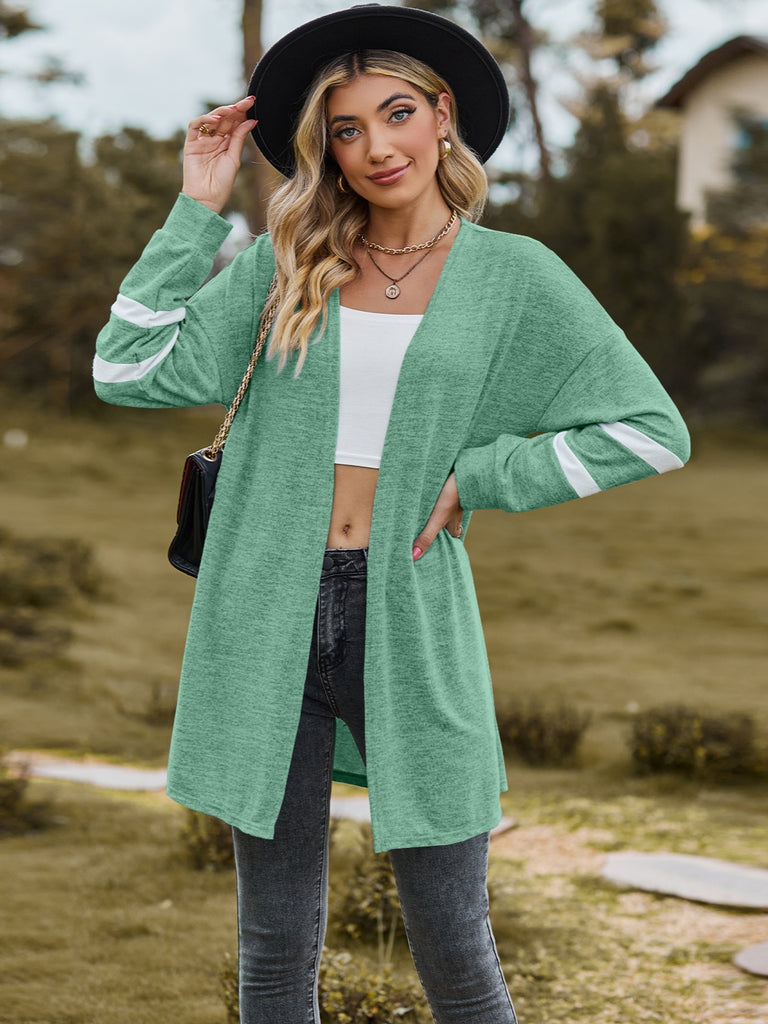 Striped Open Front Dropped Shoulder Cardigan Trendsi