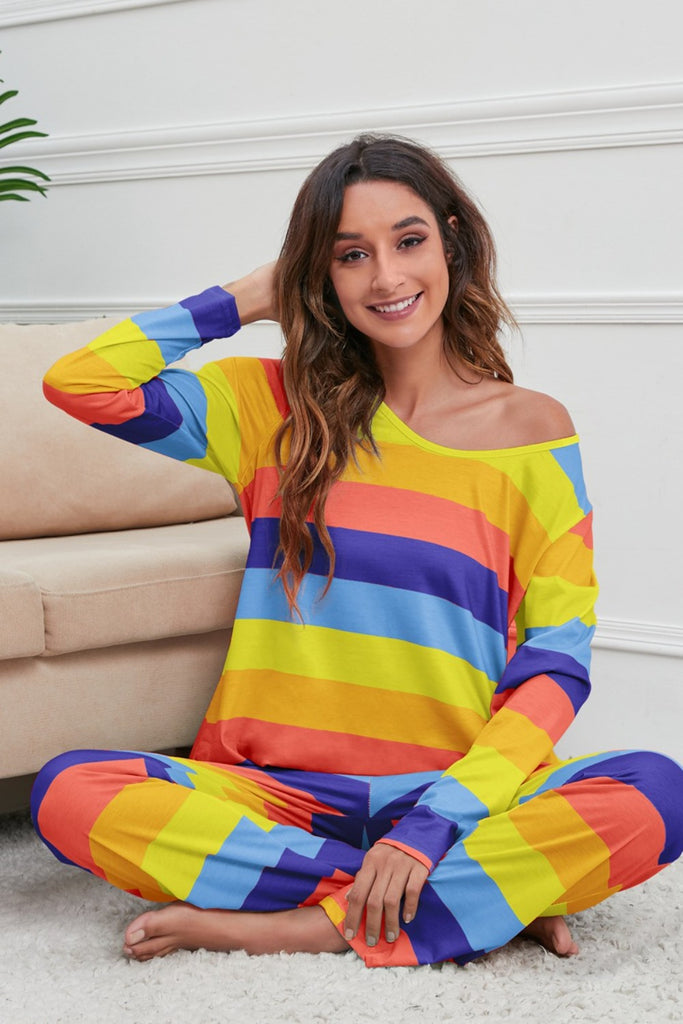 Striped Round Neck Long Sleeve Top and Drawstring Pants Lounge Set Trendsi