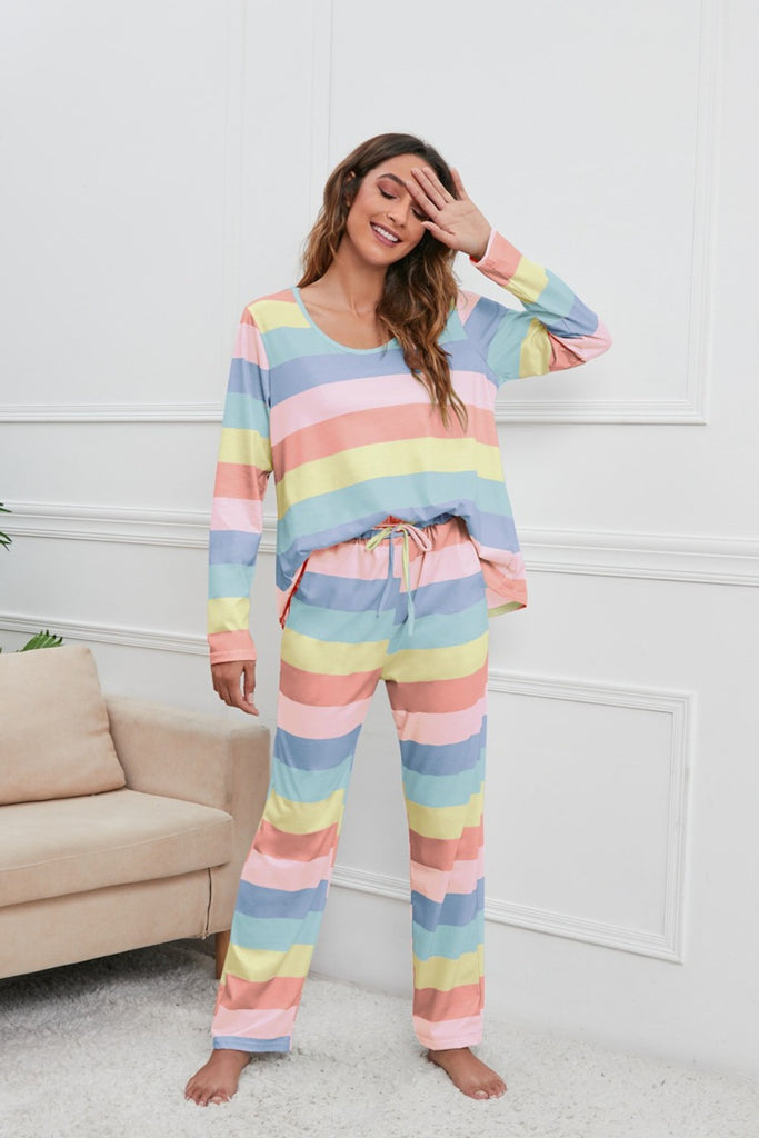 Striped Round Neck Long Sleeve Top and Drawstring Pants Lounge Set Trendsi