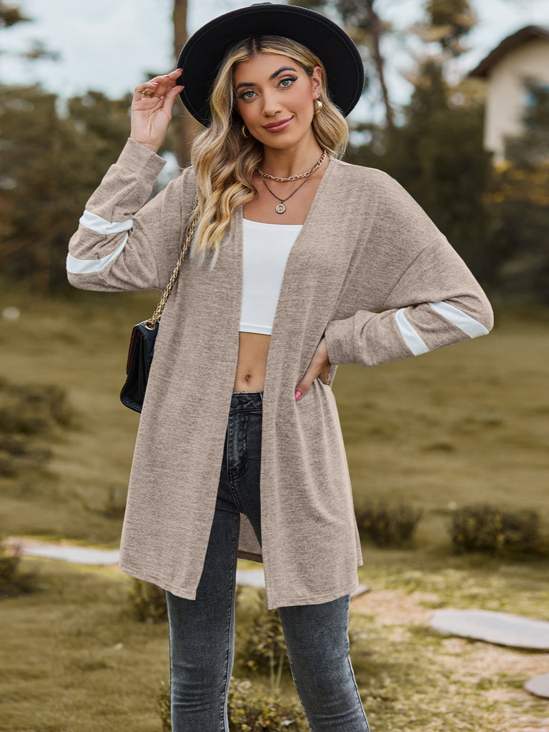 Striped Open Front Dropped Shoulder Cardigan Trendsi