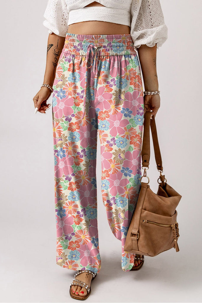 Drawstring Printed Wide Leg Pants Trendsi