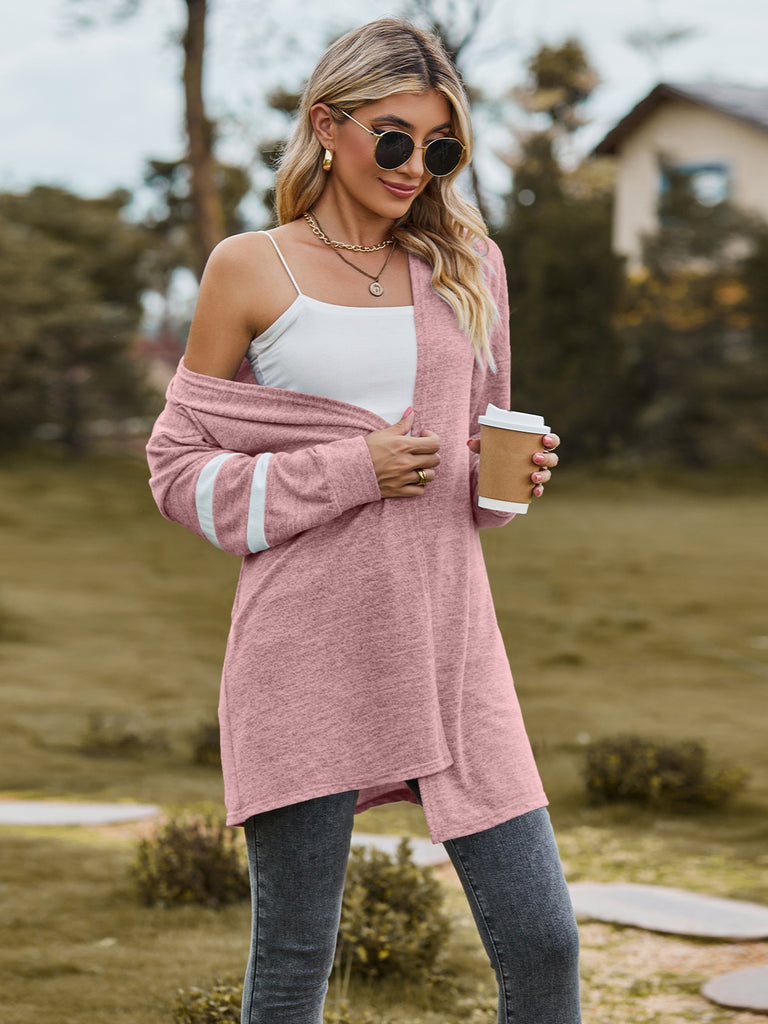 Striped Open Front Dropped Shoulder Cardigan Trendsi