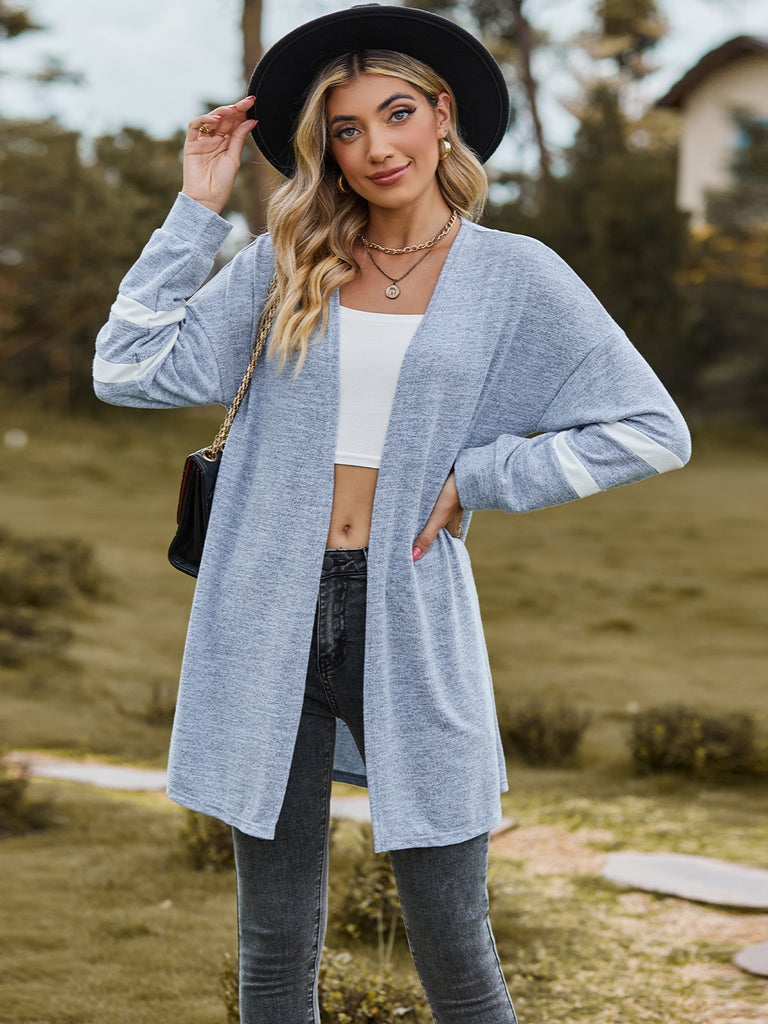 Striped Open Front Dropped Shoulder Cardigan Trendsi