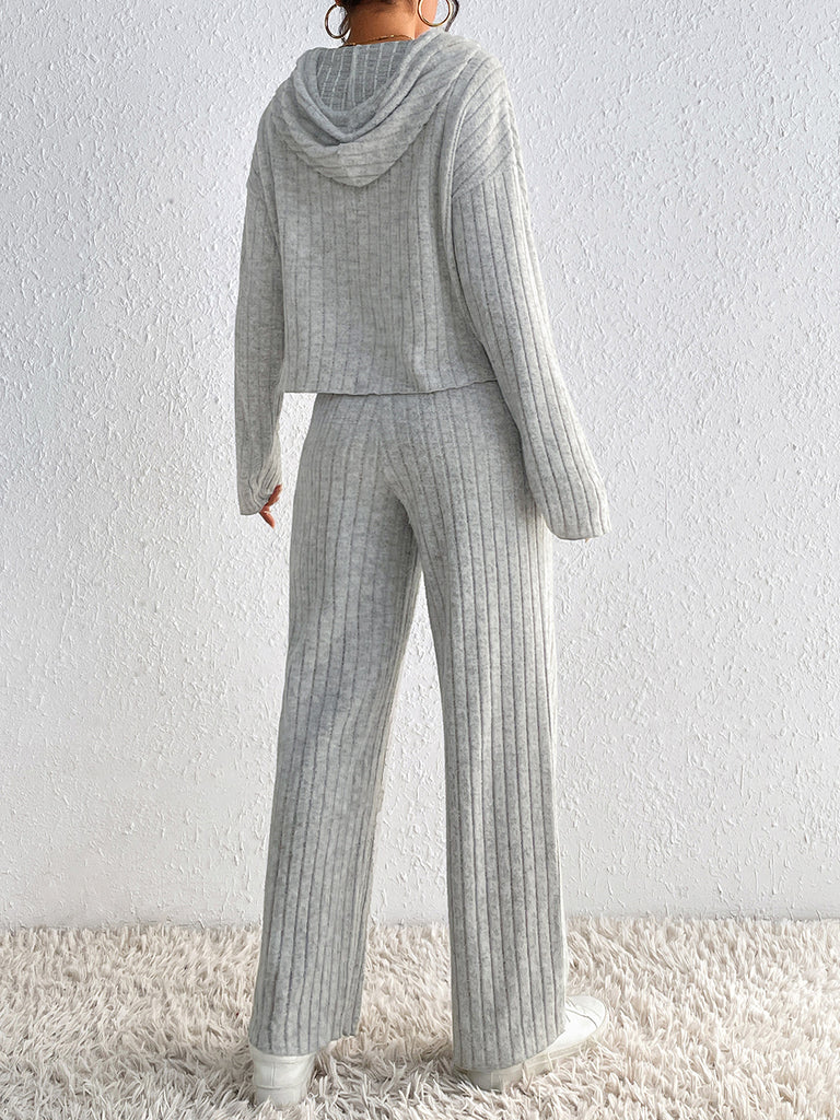 Drawstring Ribbed Hoodie and Straight Leg Pants Set Trendsi