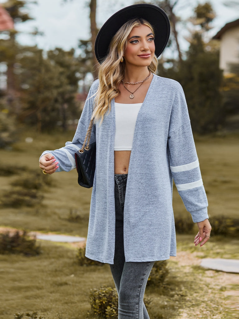 Striped Open Front Dropped Shoulder Cardigan Trendsi