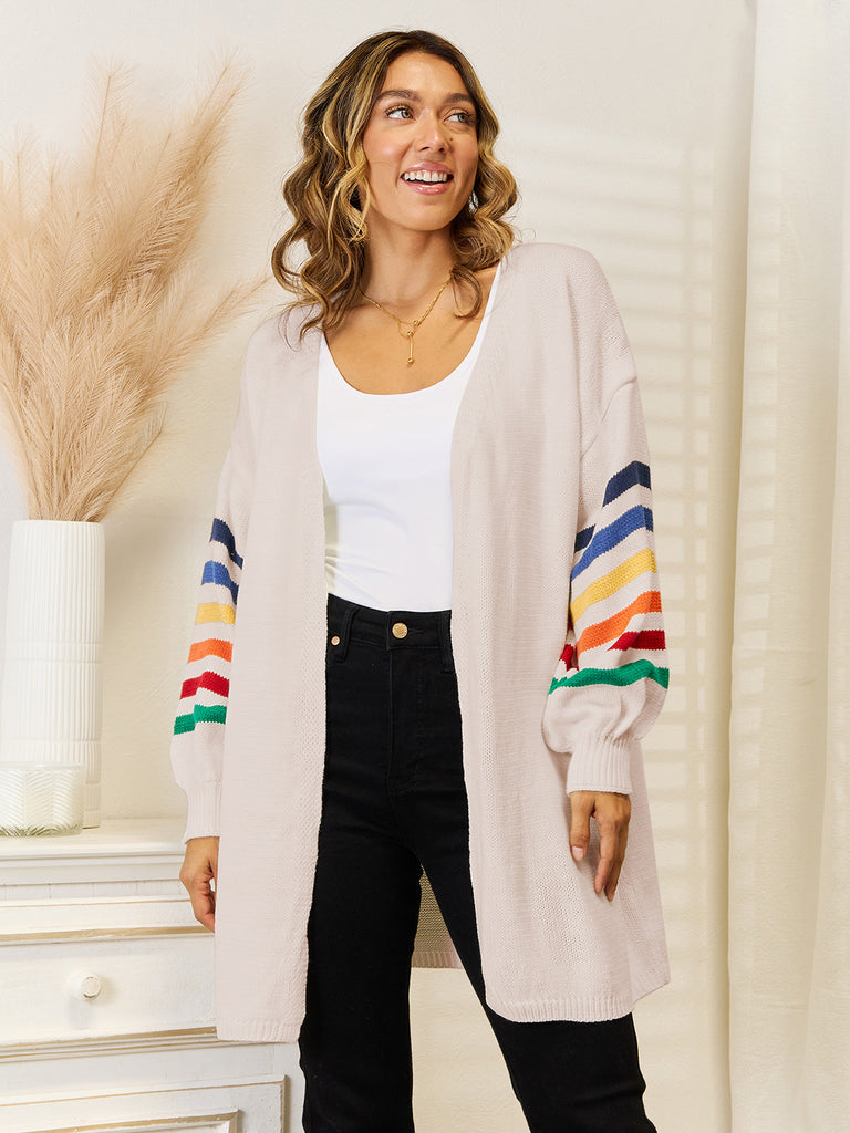 Striped Open Front Dropped Shoulder Cardigan Trendsi