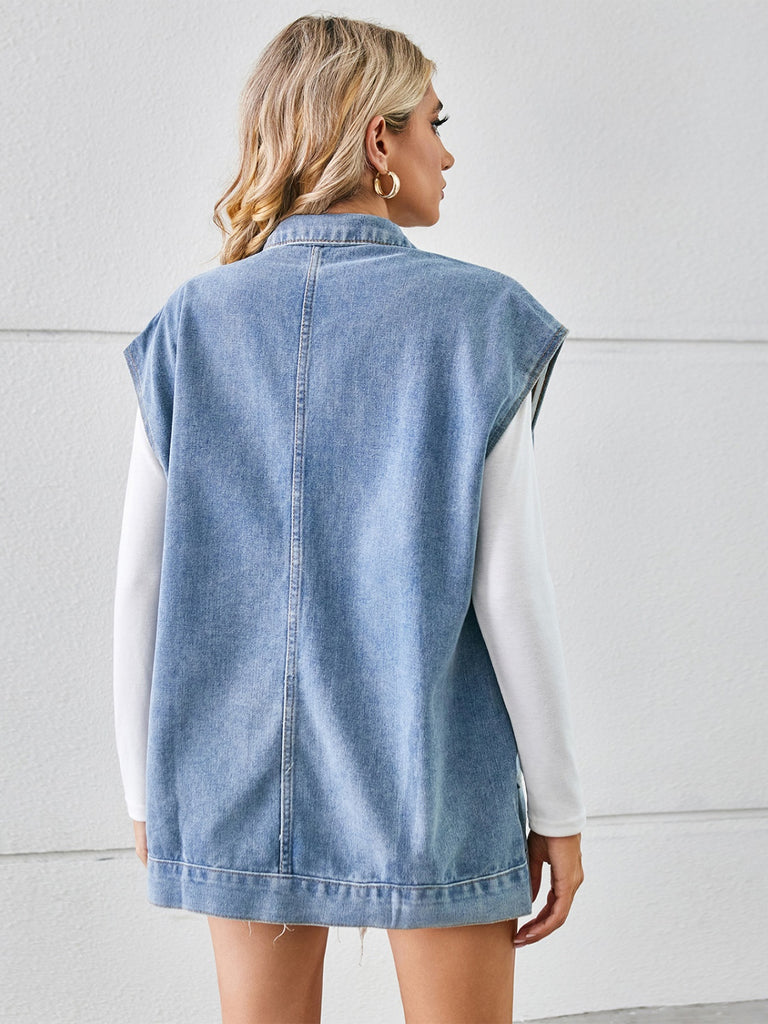 Pocketed Button Up Sleeveless Denim Jacket Trendsi