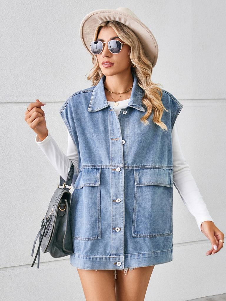 Pocketed Button Up Sleeveless Denim Jacket Trendsi