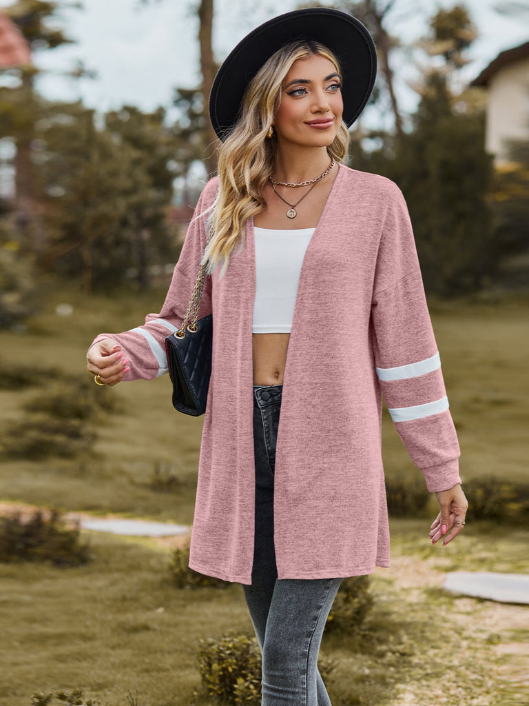 Striped Open Front Dropped Shoulder Cardigan Trendsi