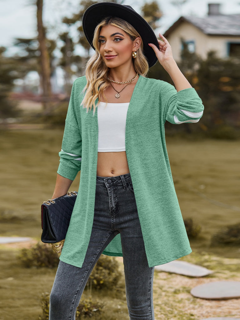 Striped Open Front Dropped Shoulder Cardigan Trendsi