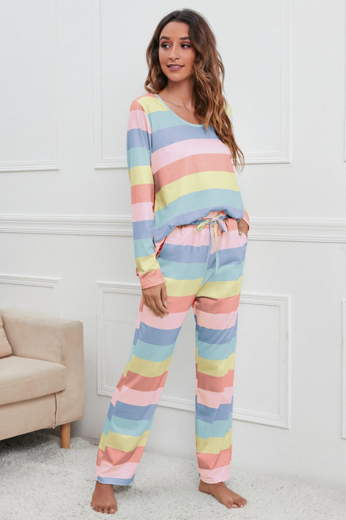 Striped Round Neck Long Sleeve Top and Drawstring Pants Lounge Set Trendsi