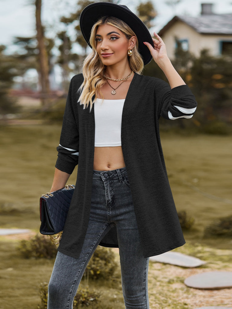 Striped Open Front Dropped Shoulder Cardigan Trendsi