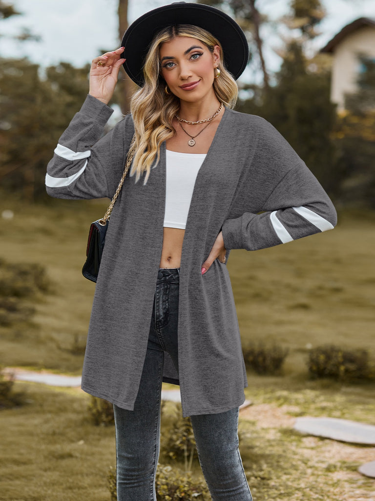 Striped Open Front Dropped Shoulder Cardigan Trendsi