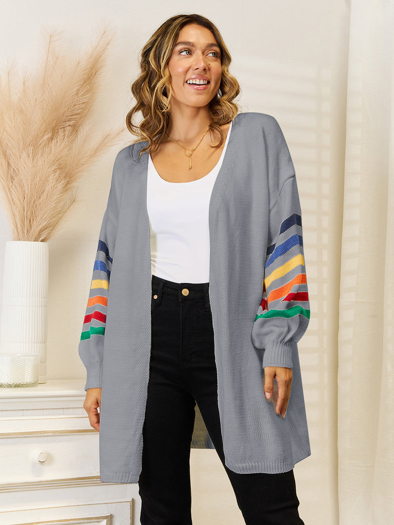 Striped Open Front Dropped Shoulder Cardigan Trendsi