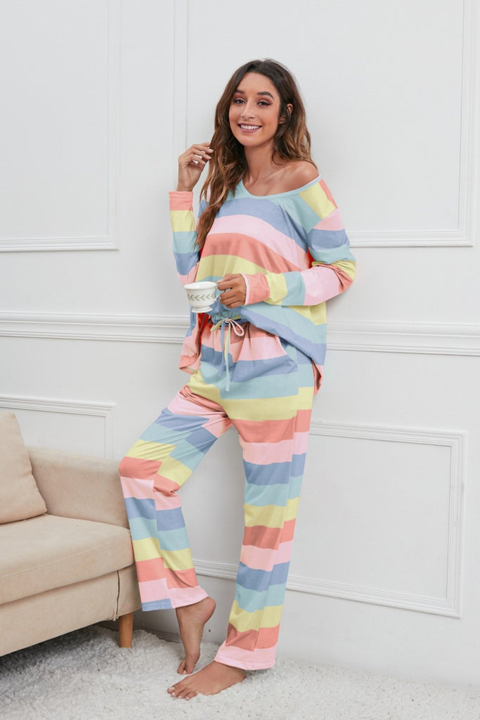 Striped Round Neck Long Sleeve Top and Drawstring Pants Lounge Set Trendsi