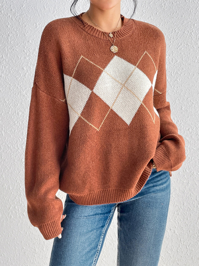 Geometric Dropped Shoulder Sweater Trendsi