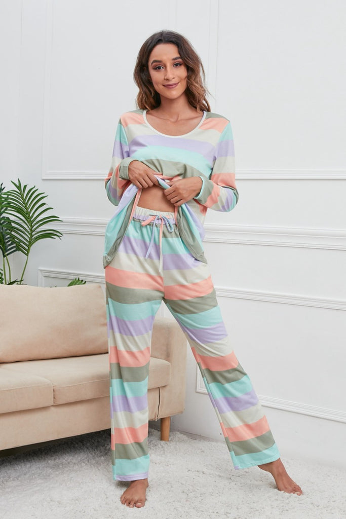 Striped Round Neck Long Sleeve Top and Drawstring Pants Lounge Set Trendsi