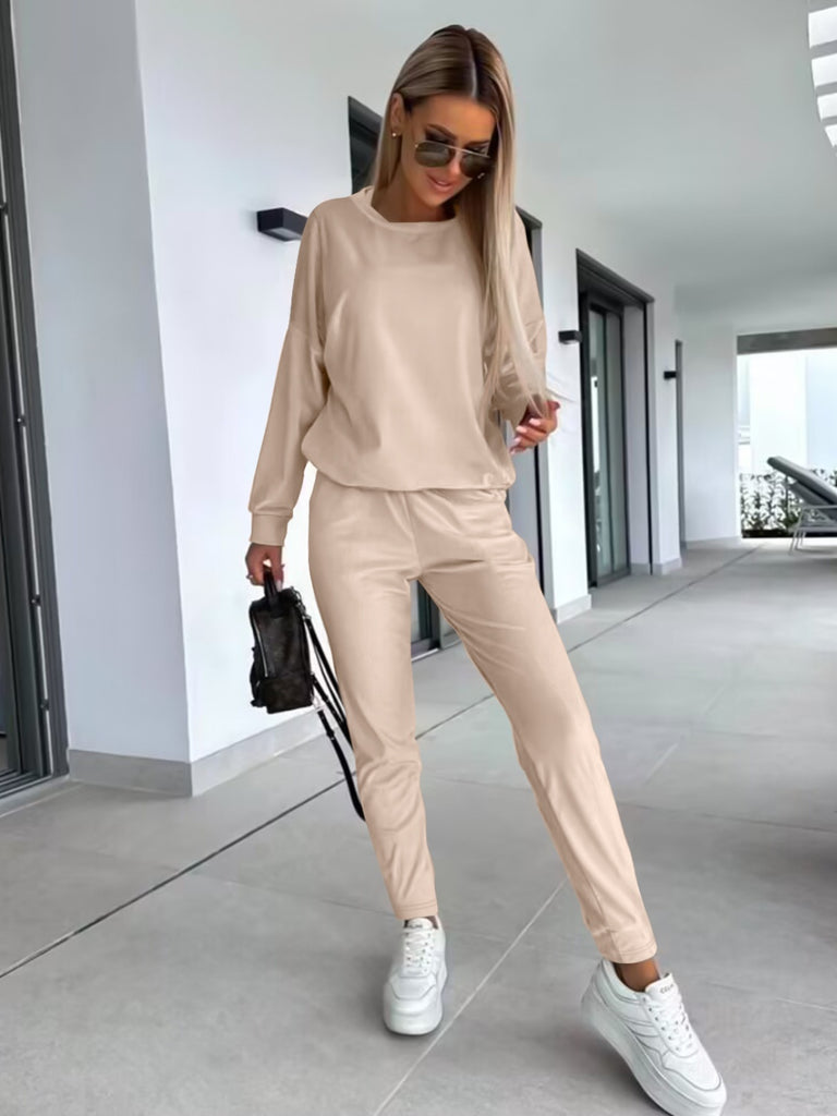 Boat Neck Dropped Shoulder Top and Pants Set Trendsi