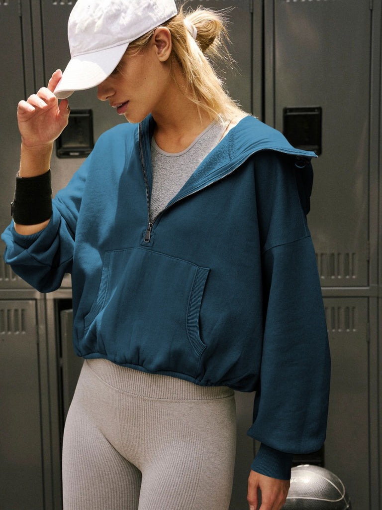 Half Zip Pocketed Dropped Shoulder Hoodie Trendsi