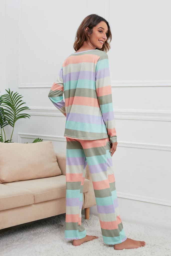 Striped Round Neck Long Sleeve Top and Drawstring Pants Lounge Set Trendsi