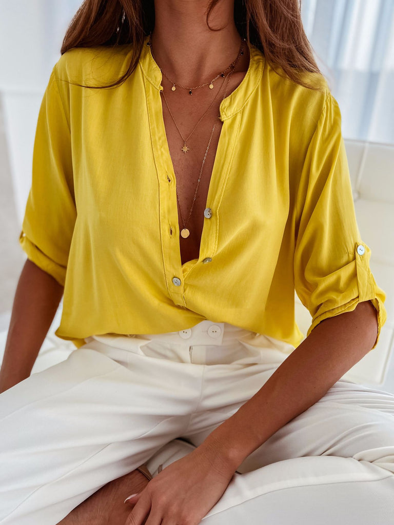 Half Button Notched Half Sleeve Blouse Trendsi