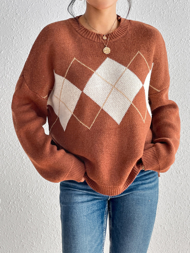 Geometric Dropped Shoulder Sweater Trendsi