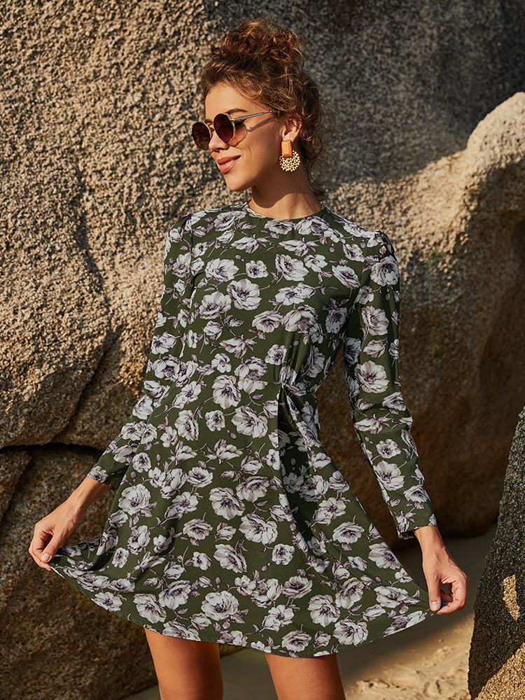 Floral Round Neck Puff Sleeve Mini Dress Trendsi