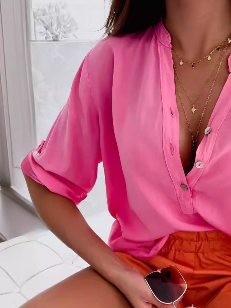 Half Button Notched Half Sleeve Blouse Trendsi