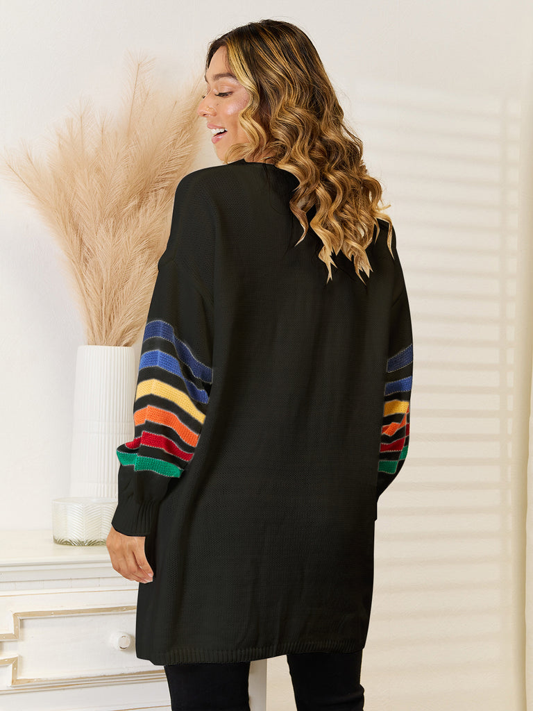 Striped Open Front Dropped Shoulder Cardigan Trendsi