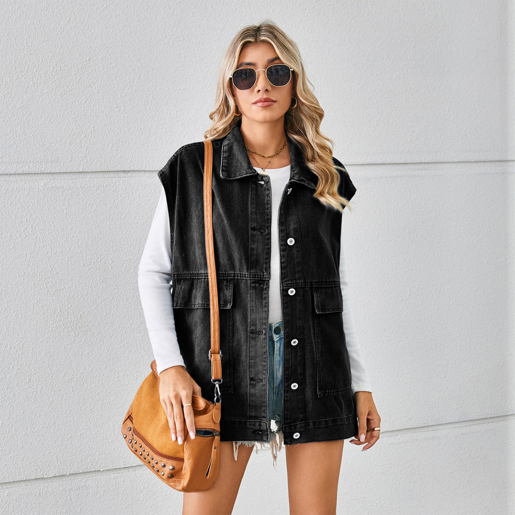 Pocketed Button Up Sleeveless Denim Jacket Trendsi