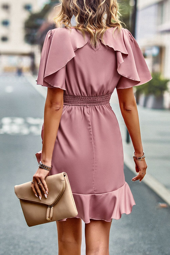 Round Neck Flutter Sleeve Ruffled Dress Trendsi