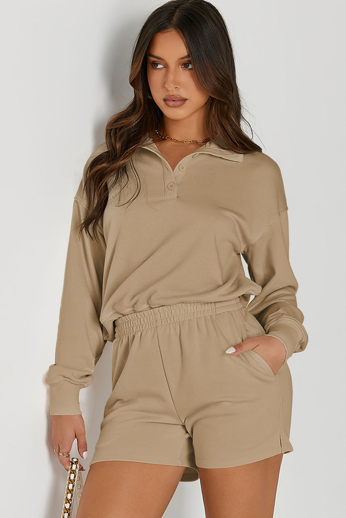 Half Button Sweatshirt and Shorts Active Set Trendsi