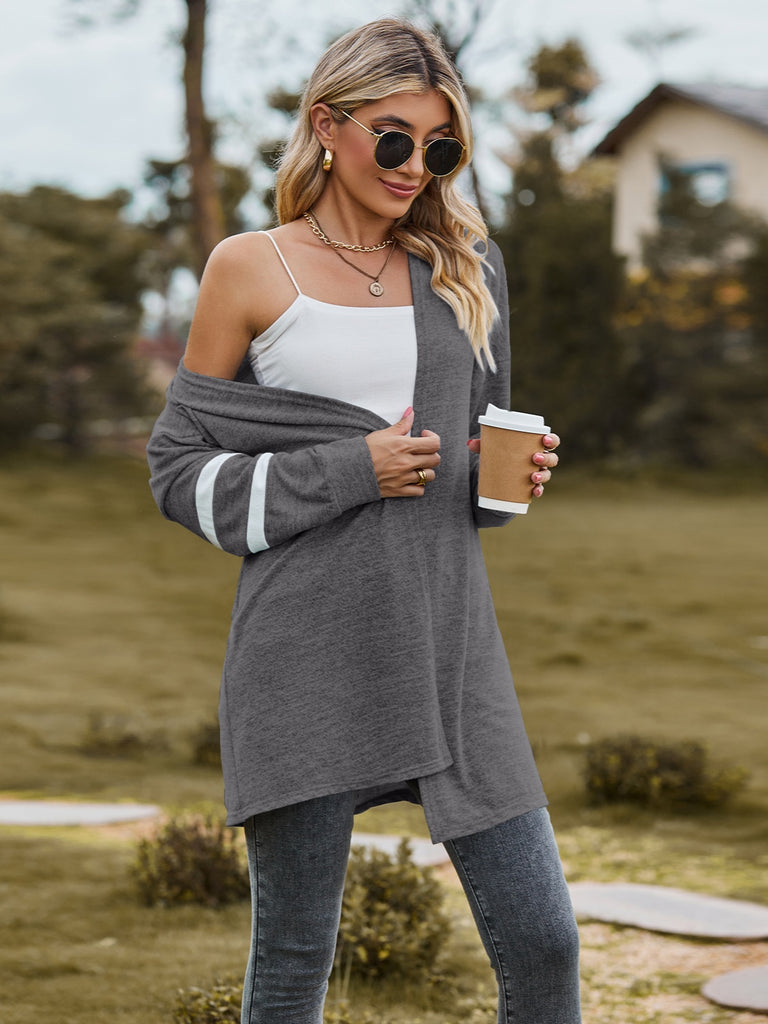 Striped Open Front Dropped Shoulder Cardigan Trendsi