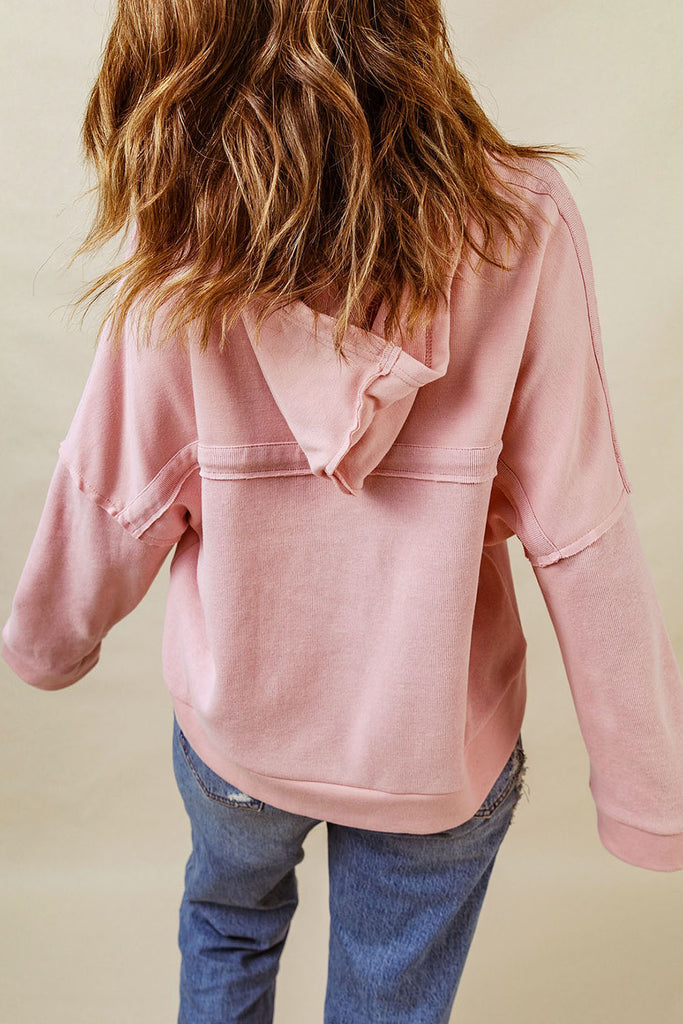 Quarter-Button Exposed Seam Dropped Shoulder Hoodie Trendsi